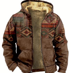 Chaqueta con Capucha de Moda Otoño/Invierno para Hombre - Estilo Siberiano Casual con Estampado Geométrico Colorido, Forro de Vellón Cálido con Cremallera, Lavable a Máquina, Chaqueta de Otoño|Chaqueta con Capucha de Estampado Geométrico|Confort Forrado de Peluche